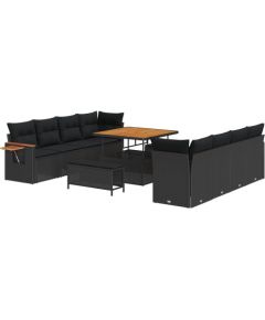 vidaXL 11-częściowy zestaw sofy ogrodowej z poduszkami czarna polirattanowa akacja, vidaXL 3-częściowy zestaw do jadalni ogrodowej z poduszkami czarna polirattanowa akacja Dārza mēbeļu komplekti