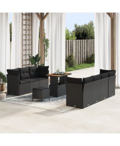 vidaXL 10-Częściowy Zestaw Sof Ogrodowych z Poduszkami Czarny Poli Rattan Akacja, vidaXL 3-Częściowy Zestaw Jadalny Ogrodowy z Poduszkami Czarny Poli Rattan Akacja Dārza mēbeļu komplekti