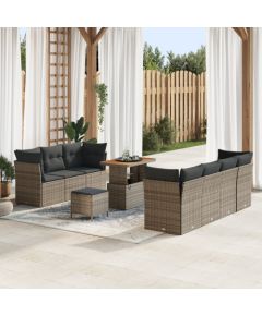 vidaXL Zestaw Sofy Ogrodowej 10 Elementów z Poduszkami Szary Polirattan Akacja, vidaXL Zestaw Jadalny Ogrodowy 3 Elementy z Poduszkami Szary Polirattan Akacja Dārza mēbeļu komplekti