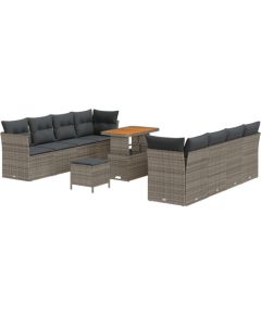 Zestaw Sofy Ogrodowej vidaXL 11 Części z Poduszkami Szary Polirattan Akacja, Zestaw Jadalny vidaXL 3 Części z Poduszkami Szary Polirattan Akacja Dārza mēbeļu komplekti