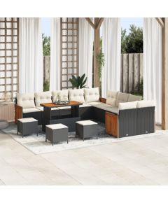 Zestaw sofy ogrodowej vidaXL 14 elementów z poduszkami czarny polirattan akacja, Sofa ogrodowa vidaXL 2-osobowa z poduszkami czarny polirattan, Zestaw do jedzenia w ogrodzie vidaXL 4-elementowy z poduszkami czarny polirattan akacja Dārza mēbeļu komplekti