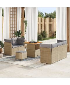 Vidaxl Zestaw 8 częściowych sof ogrodowych z poduszkami Beżowy Poli Rattan Akacja, Zestaw 3 częściowy stołu ogrodowego z poduszkami Beżowy Poli Rattan Akacja Dārza mēbeļu komplekti