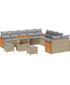 vidaXL 13-częściowy zestaw sof ogrodowych z poduszkami Beżowy Polirattan Akacja, vidaXL 2-osobowa sofa ogrodowa z poduszkami Beżowy Polirattan, vidaXL 3-częściowy zestaw do jadalni w ogrodzie z poduszkami Beżowy Polirattan Akacja Dārza mēbeļu komplekti