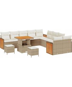 vidaXL 13-częściowy zestaw sof ogrodowych z poduszkami Beżowy Polirattan Akacja, vidaXL 2-osobowa sofa ogrodowa z poduszkami Beżowy Polirattan, vidaXL 3-częściowy zestaw do jadalni ogrodowej z poduszkami Beżowy Polirattan Akacja Dārza mēbeļu komplekti