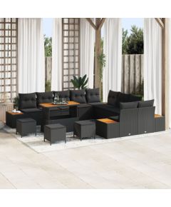 vidaXL Zestaw 14-częściowy sofy ogrodowej z poduszkami Czarny Polirattan Akacja, vidaXL Zestaw jadalniany 4-częściowy z poduszkami Czarny Polirattan Akacja Dārza mēbeļu komplekti