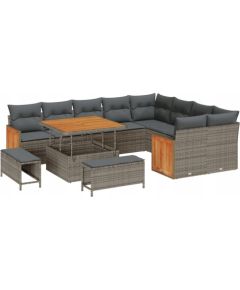 vidaXL 12-częściowy zestaw sofy ogrodowej z poduszkami szary polirattan akacja, vidaXL 3-częściowy zestaw jadalniany ogrodowy z poduszkami szary polirattan akacja, vidaXL Sofa ogrodowa dwuosobowa z poduszkami szary polirattan Dārza mēbeļu komplekti