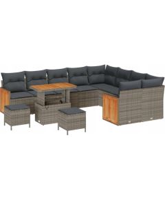 vidaXL Zestaw sofy ogrodowej 12-elementowej z poduszkami szary polirattan akacja, vidaXL Zestaw do jadalni ogrodowej 3-elementowy z poduszkami szary polirattan akacja, vidaXL Sofa ogrodowa 2-osobowa z poduszkami szary polirattan Dārza mēbeļu komplekti
