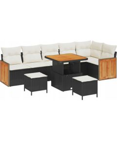 Vidaxl 9-częściowy zestaw sof ogrodowych z poduszkami czarny rattan akacja, 2-osobowa sofa ogrodowa z poduszkami czarny rattan, Zestaw obiadowy ogrodowy 3-częściowy z poduszkami czarny rattan akacja Dārza mēbeļu komplekti