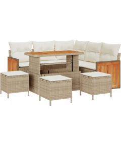 Vidaxl 9-częściowy zestaw sof ogrodowych z poduszkami Beżowy Polirattan Akacja, 2-osobowa sofa ogrodowa z poduszkami Beżowy Polirattan, 4-częściowy zestaw jadalniany ogrodowy z poduszkami Beżowy Polirattan Akacja Dārza mēbeļu komplekti