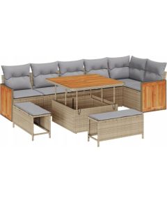 Vidaxl 9-częściowy zestaw sof ogrodowych z poduszkami beżowy polirattan akacja, Sofa ogrodowa na 2 osoby z poduszkami beżowy polirattan, Zestaw do jadalni w ogrodzie 3-częściowy z poduszkami beżowy polirattan akacja Dārza mēbeļu komplekti