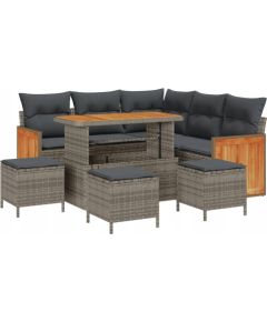 vidaXL 9-częściowy zestaw sofy ogrodowej z poduszkami szary polirattan akacja, vidaXL 2-osobowa sofa ogrodowa z poduszkami szary polirattan, vidaXL 4-częściowy zestaw jadalny do ogrodu z poduszkami szary polirattan akacja Dārza mēbeļu komplekti