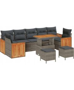 vidaXL 10-częściowy zestaw kanapowy ogrodowy z poduszkami szary polirattan akacja, vidaXL 2-osobowa kanapa ogrodowa z poduszkami szary polirattan, vidaXL 3-częściowy zestaw jadalniany ogrodowy z poduszkami szary polirattan akacja Dārza mēbeļu komplekti