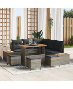 vidaXL 8-Elementowy Zestaw Sofy Ogrodowej z Poduszkami Szary Polirattan Akacja, vidaXL 3-Elementowy Zestaw Jadalny z Sofy Ogrodowej z Poduszkami Szary Polirattan Akacja Dārza mēbeļu komplekti