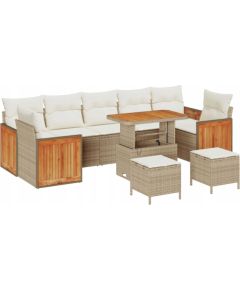 vidaXL 10-częściowy zestaw sofy ogrodowej z poduszkami w kolorze beżowym z polirattanu akacjowego, vidaXL 2-osobowa sofa ogrodowa z poduszkami w kolorze beżowym z polirattanu, vidaXL 3-częściowy zestaw obiadowy ogrodowy z poduszkami w kolorze beżow Dārza mēbeļu komplekti