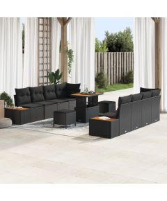 vidaXL Zestaw 11 elementowy sofy ogrodowej z poduszkami czarny Polirattan Akacja, vidaXL 3-elementowy zestaw obiadowy ogrodowy z poduszkami czarny Polirattan Akacja Dārza mēbeļu komplekti