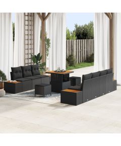 vidaXL 10-częściowy Zestaw Sofy Ogrodowej z Poduszkami Czarny Polirattan Akacja, vidaXL 3-częściowy Zestaw Jadalny Ogrodowy z Poduszkami Czarny Polirattan Akacja Dārza mēbeļu komplekti