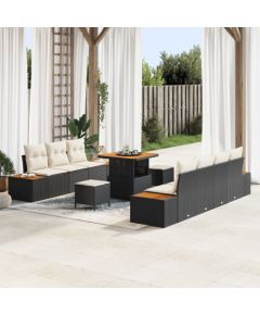 Zestaw sofy ogrodowej vidaXL 10-elementowy z poduszkami Czarny Polirattan, Zestaw do jadalni na zewnątrz vidaXL z poduszkami Czarny Polirattan Dārza mēbeļu komplekti