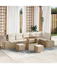 Zestaw sof ogrodowych vidaXL 9 elementów z poduszkami Beżowy Poly Rattan Akacja, Sofa ogrodowa vidaXL 2-osobowa z poduszkami Beżowy Poly Rattan, Zestaw do jedzenia w ogrodzie vidaXL 3 elementy z poduszkami Beżowy Poly Rattan Akacja Dārza mēbeļu komplekti