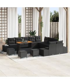 Vidaxl Zestaw 14-częściowy kanapowy z poduszkami czarny polirattan akacja, Dwumiejscowa kanapa ogrodowa z poduszkami czarny polirattan, Zestaw 4-częściowy do jadalni ogrodowej z poduszkami czarny polirattan Dārza mēbeļu komplekti