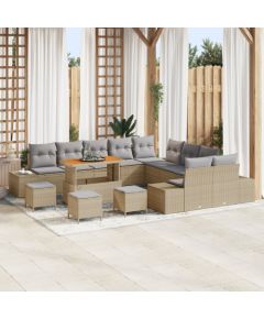 Zestaw sofy ogrodowej vidaXL 14-elementowy z poduszkami Beżowy Polirattan Akacja, Sofa ogrodowa vidaXL 2-osobowa z poduszkami Beżowy Polirattan, Zestaw jedzenie ogrodowe vidaXL 4-elementowy z poduszkami Beżowy Polirattan Akacja Dārza mēbeļu komplekti