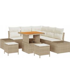8-częściowy zestaw sofy ogrodowej vidaXL z poduszkami Beżowa Poli Rattan Akacja, Dwuosobowa sofa ogrodowa vidaXL z poduszkami Beżowa Poli Rattan, 3-częściowy zestaw stołu jadalnianego ogrodowego z poduszkami Beżowa Poli Rattan Akacja Dārza mēbeļu komplekti