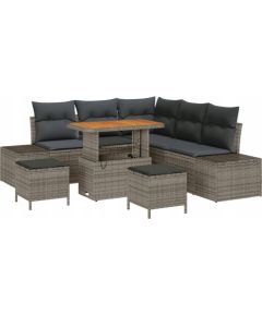 Vidaxl 8-elementowy zestaw sof ogrodowych z poduszkami Szary Poli Rattan Akacja, 2-osobowa sofa ogrodowa z poduszkami Szary Poli Rattan, 3-elementowy zestaw jadalniany ogrodowy z poduszkami Szary Poli Rattan Akacja Dārza mēbeļu komplekti
