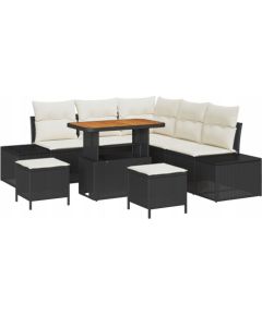 Vidaxl Zestaw Sofy Ogrodowej 8 Części z Poduszkami Czarny Poli Rattan Akacja, Sofa Ogrodowa 2-osobowa z Poduszkami Czarny Poli Rattan, Zestaw Jadalny Ogrodowy 3 Części z Poduszkami Czarny Poli Rattan Akacja Dārza mēbeļu komplekti