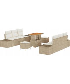 vidaXL 9-częściowy zestaw sofy ogrodowej z poduszkami w beżowym polirattanie, vidaXL 2-osobowa sofa ogrodowa z poduszkami w beżowym polirattanie, vidaXL 3-częściowy zestaw stołowy ogrodowy z poduszkami w beżowym polirattanie Dārza mēbeļu komplekti