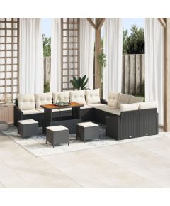 Vidaxl 14-częściowy zestaw sof ogrodowych z poduszkami czarny polirattan akacja, 2-osobowa sofa ogrodowa z poduszkami czarny polirattan, 4-częściowy zestaw do jadalni ogrodowej z poduszkami czarny polirattan akacja Dārza mēbeļu komplekti