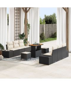 9-elementowy zestaw kanap ogrodowych vidaXL z poduszkami czarny polirattan akacja, 2-osobowa sofa ogrodowa vidaXL z poduszkami czarny polirattan, 3-elementowy zestaw do jadalni ogrodowej vidaXL z poduszkami czarny polirattan akacja Dārza mēbeļu komplekti