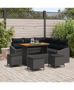 Vidaxl 8-częściowy zestaw sof ogrodowych z poduszkami czarny poli rattan akacja, Sofa ogrodowa 2-osobowa z poduszkami czarny poli rattan, 3 częściowy zestaw jadalny do ogrodu z poduszkami czarny poli rattan akacja Dārza mēbeļu komplekti