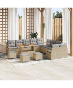 vidaXL 13-częściowy zestaw sof ogrodowych z poduszkami beżowy polirattan akacjowy, vidaXL 2-osobowa sofa ogrodowa z poduszkami beżowy polirattan, vidaXL 3-częściowy zestaw do jadalni ogrodowej z poduszkami beżowy polirattan akacjowy Dārza mēbeļu komplekti