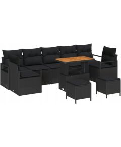 vidaXL Zestaw mebli ogrodowych 10 części z poduszkami czarny rattan polirattan akacja, vidaXL Sofka ogrodowa 2-osobowa z poduszkami czarny rattan polirattan, vidaXL Zestaw do jadalni ogrodowej 3 części z poduszkami czarny rattan polirattan akacja Dārza mēbeļu komplekti