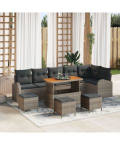 Vidaxl 9-częściowy zestaw sof ogrodowych z poduszkami szary poly rattan akacja, Sofa ogrodowa dla dwóch osób z poduszkami szary poly rattan, 3-częściowy zestaw do jedzenia ogrodowego z poduszkami szary poly rattan akacja Dārza mēbeļu komplekti