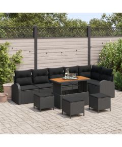 Vidaxl Zestaw 9 częściowy Sof Ogrodowych z Poduszkami Czarny Poli Rattan Akacja, 2-osobowa Sofa Ogrodowa z Poduszkami Czarny Poli Rattan, Zestaw 3 częściowy Stołowy z Poduszkami Czarny Poli Rattan Akacja Dārza mēbeļu komplekti