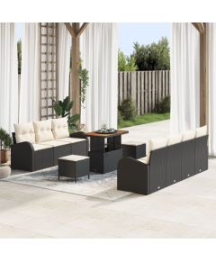 vidaXL 10-częściowy zestaw sofy ogrodowej z poduszkami czarny polirattan akacja, vidaXL 2-osobowa sofa ogrodowa z poduszkami czarny polirattan, vidaXL 3-elementowy zestaw jadalniany ogrodowy z poduszkami czarny polirattan akacja Dārza mēbeļu komplekti