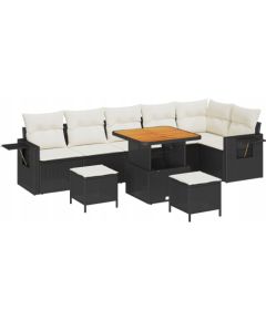Zestaw sof ogrodowych vidaXL w 9 elementach z poduszkami czarny polirattan akacja, Zestaw do jadalni ogrodowej vidaXL w 3 elementach z poduszkami czarny polirattan akacja Dārza mēbeļu komplekti