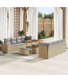 vidaXL 11-elementowy zestaw sofy ogrodowej z poduszkami, beżowy, polirattan, akacja, vidaXL 3-elementowy zestaw obiadowy ogrodowy z poduszkami, beżowy, polirattan, akacja Dārza mēbeļu komplekti