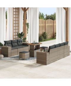 Vidaxl Zestaw 10 elementów kanap ogrodowych z poduszkami szary polirattan akacja, Zestaw 3 elementów do jadalni na zewnątrz z poduszkami szary polirattan akacja Dārza mēbeļu komplekti