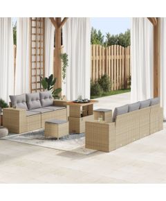 Vidaxl Zestaw 10-częściowej sofy ogrodowej z poduszkami beżowy polirattan akacja, Zestaw 3-częściowy jadalniany z poduszkami beżowy polirattan akacja Dārza mēbeļu komplekti