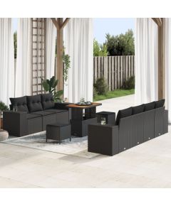 Vidaxl 10-częściowy Zestaw Sofy Ogrodowej z Poduszkami Czarny Rattan Poliester, 3-częściowy Zestaw Stołu i Krzeseł Ogrodowych z Poduszkami Czarny Rattan Poliester Dārza mēbeļu komplekti