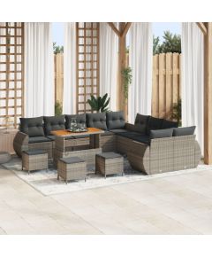 vidaXL 14-elementowy zestaw kanap ogrodowych z poduszkami z szarego poli rattanu akacjowego, vidaXL 4-elementowy zestaw obiadowy z poduszkami z szarego poli rattanu akacjowego Dārza mēbeļu komplekti