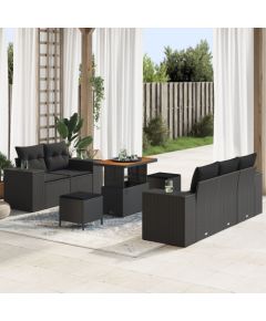 Vidaxl Zestaw 8-częściowy sofa ogrodowa z poduszkami czarny poli rattan akacja, Zestaw 3-częściowy stół jadalny ogrodowy z poduszkami czarny poli rattan akacja Dārza mēbeļu komplekti