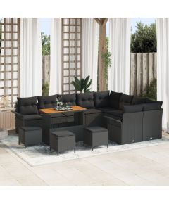 Zestaw sofy ogrodowej vidaXL 13-częściowy z poduszkami czarny polirattan akacja, Zestaw jadalniany vidaXL 4-częściowy z poduszkami czarny polirattan akacja, Sofa ogrodowa 2-osobowa z poduszkami czarny polirattan Dārza mēbeļu komplekti