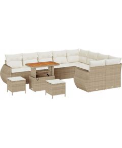 vidaXL 12-elementowy zestaw sofy ogrodowej z poduszkami Beżowy Polirattan Akacja, vidaXL 3-elementowy zestaw obiadowy ogrodowy z poduszkami Beżowy Polirattan Akacja Dārza mēbeļu komplekti