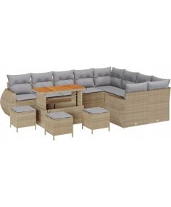 vidaXL 13-elementowy zestaw sof ogrodowych z poduszkami Beżowy Poli Rattan Akacja, vidaXL 4-elementowy zestaw do jadalni ogrodowej z poduszkami Beżowy Poli Rattan Akacja Dārza mēbeļu komplekti