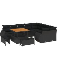 vidaXL 12-częściowy zestaw sof ogrodowych z poduszkami Czarny Poli Rattan Akacja, vidaXL 3-częściowy zestaw obiadowy ogrodowy z poduszkami Czarny Poli Rattan Akacja Dārza mēbeļu komplekti