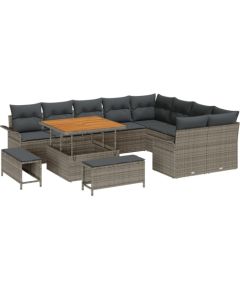 Zestaw Sofy Ogrodowej vidaXL 12-częściowy z Poduszkami Szary Rattan Akacja, Zestaw Jadalny vidaXL 3-częściowy z Poduszkami Szary Rattan Akacja, Dwuosobowa Sofa Ogrodowa vidaXL z Poduszkami Szary Rattan Dārza mēbeļu komplekti