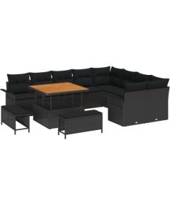 12-częściowy zestaw sof ogrodowych vidaXL z poduszkami czarny polirattan akacja, 3-częściowy zestaw do jadalni ogrodowej vidaXL z poduszkami czarny polirattan akacja, Sofa dwuosobowa vidaXL z poduszkami czarny polirattan Dārza mēbeļu komplekti
