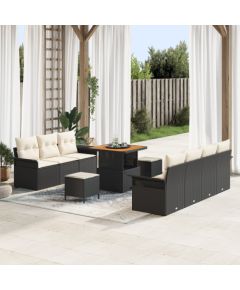 Vidaxl Zestaw 10-częściowy sof ogrodowych z poduszkami czarny polirattan akacja, 2-osobowa sofa ogrodowa z poduszkami czarny polirattan, Zestaw 3-częściowy do jadalni w ogrodzie z poduszkami czarny polirattan akacja Dārza mēbeļu komplekti